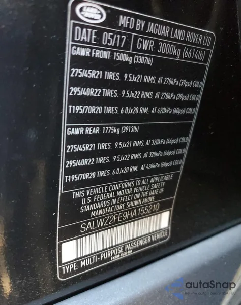 2017 Land Rover Range Rover Sport Svr из США, поврежденный, VIN SALWZ2FE9HA155210